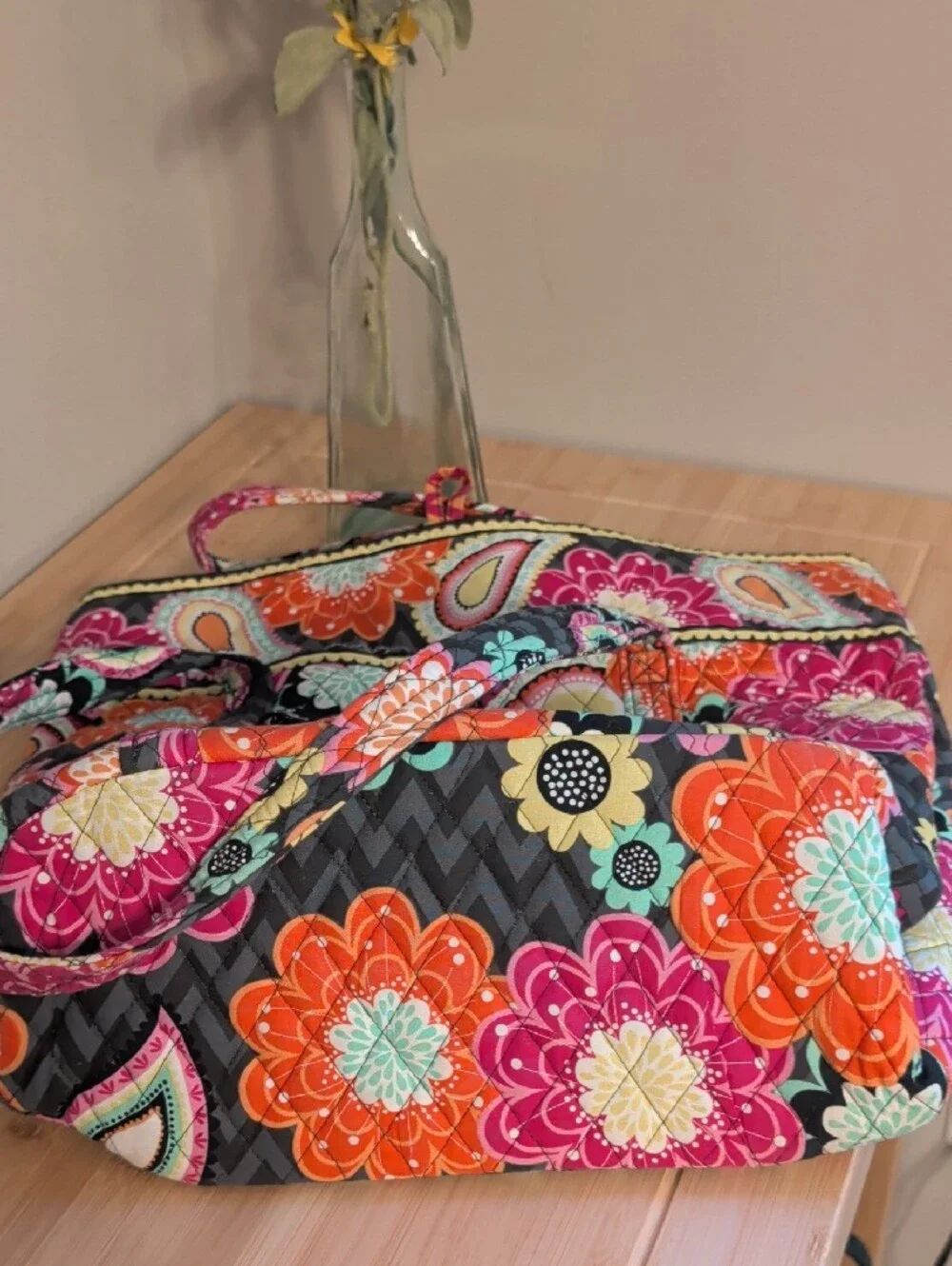 Vera Bradley Ziggy Zania Black Quilted Tote Pink, Orange & Teal Floral Paisley